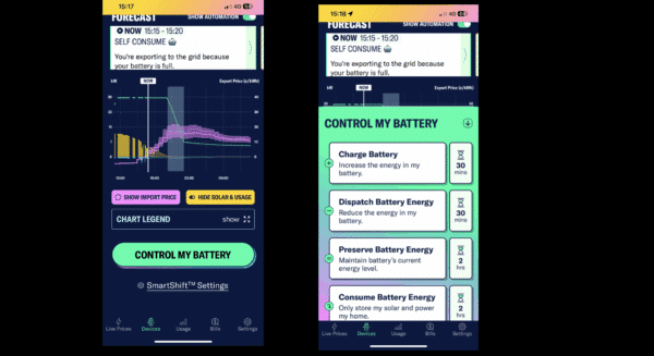 A mobile app interface displays battery control options and an energy usage graph, showing features like charging, dispatching, preserving, and consuming battery energy.